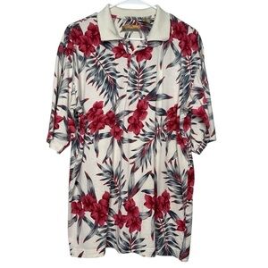 Bobby Chan Men's Red & White Floral Silk Collared Polo Shirt Size Large